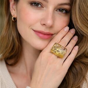 Gold Sparkle Square Lucite Ring Size 9